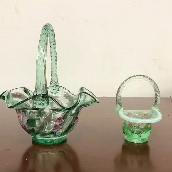Fenton Green Glass Basket Set with Pink Floral Design